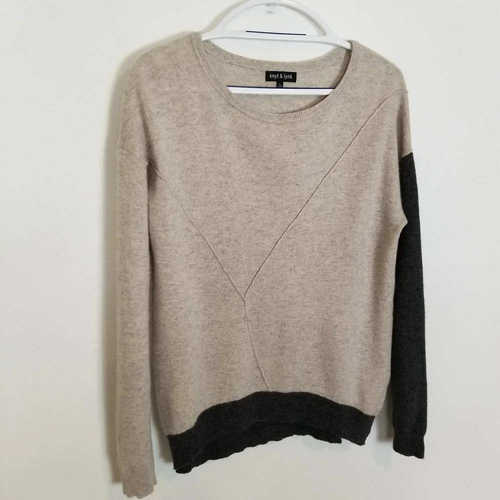 Knyt & Lynk Women 100% Cashmere Colorblock Pullover Sweater Sz L Beige‎ Gray